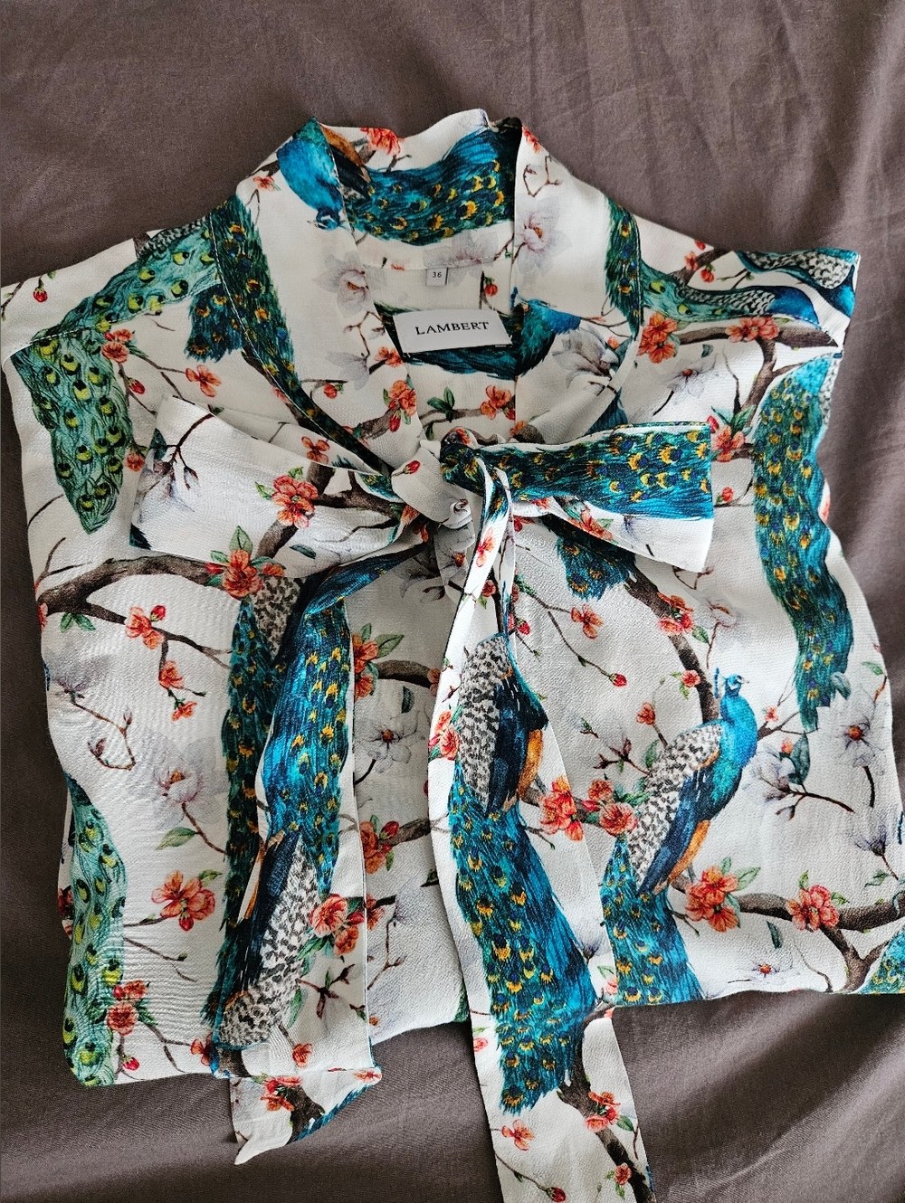 Lambert Peacock Print Bow Blouse in White & Teal Size Small